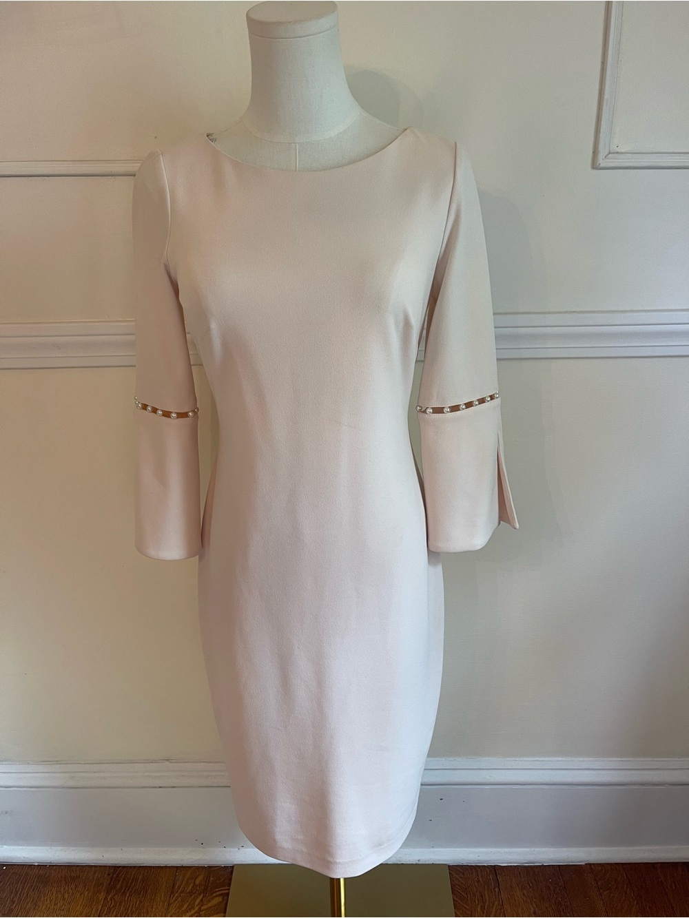 Calvin Klein Pale Blush Midi Sheath Dress with Embellished Sleeves